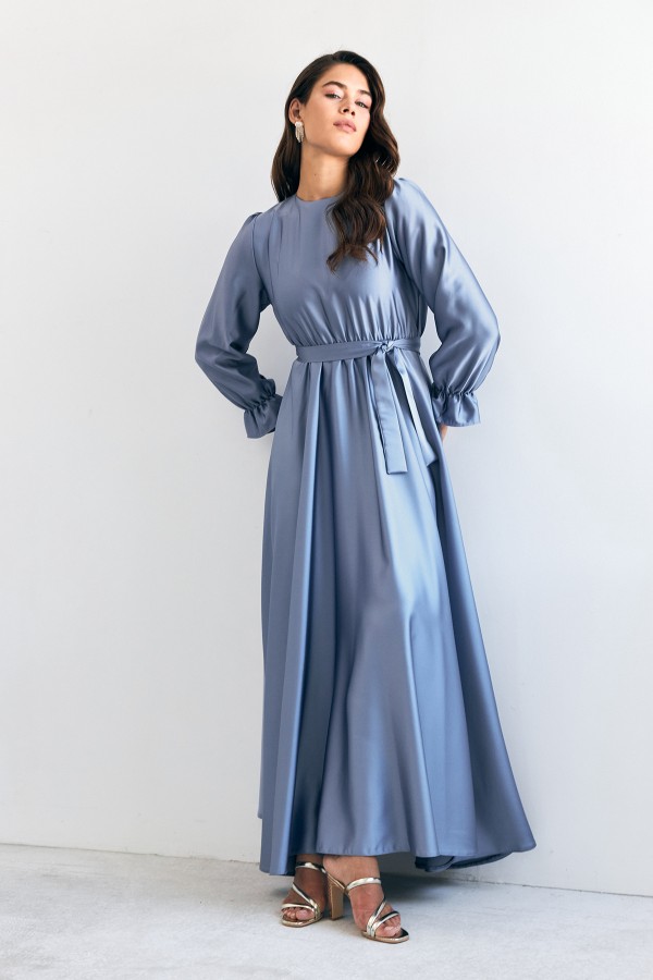 Liza Belted Satin Dress - Baby Blue