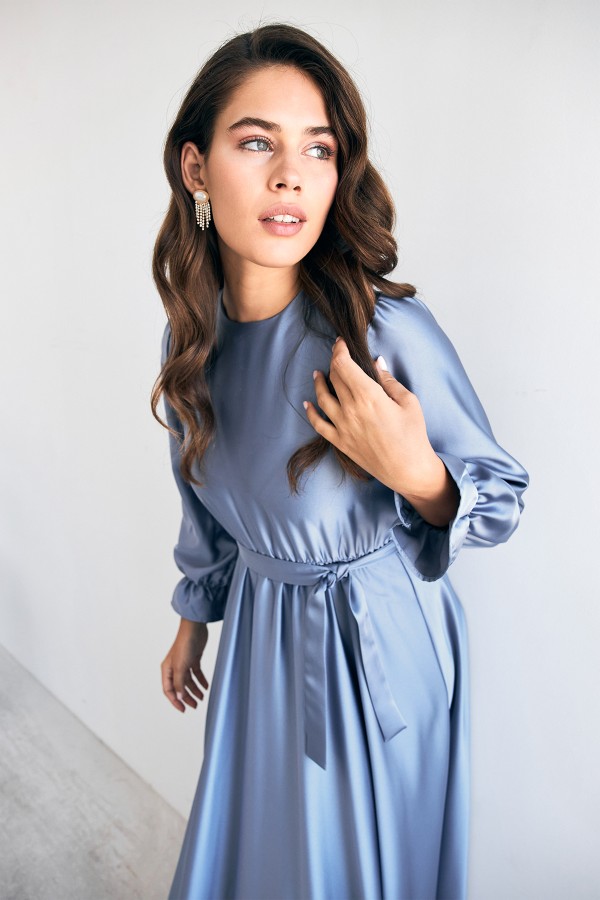 Liza Belted Satin Dress - Baby Blue