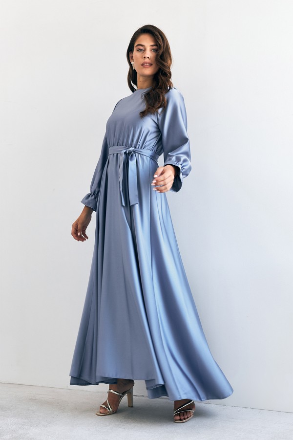 Liza Belted Satin Dress - Baby Blue