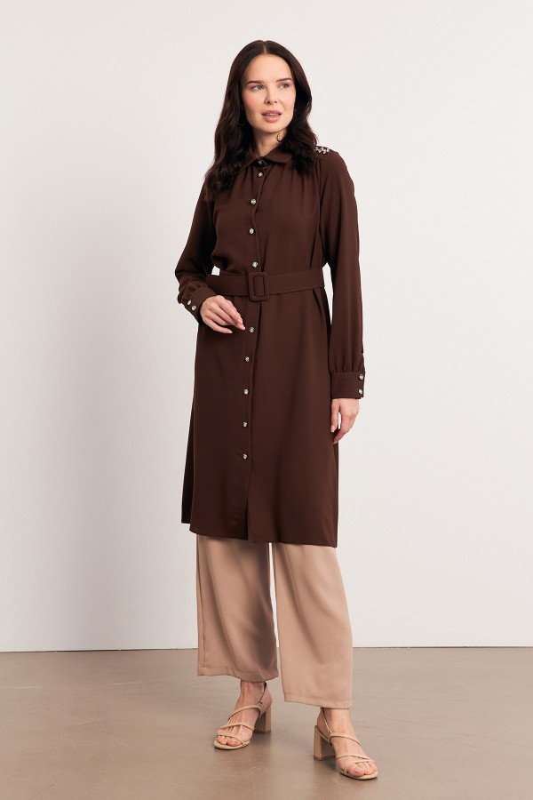 Kemerli Omuzu Taşlı Tunik - Kahve