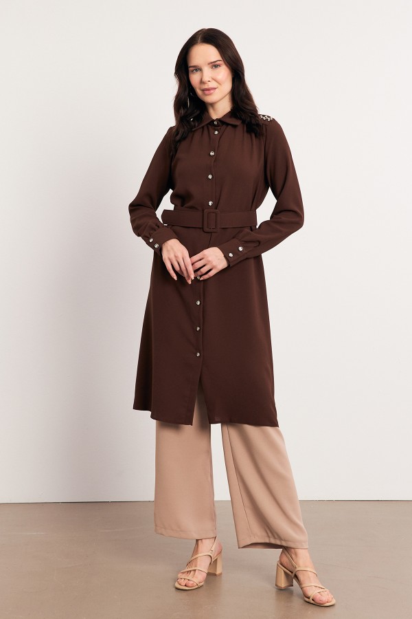 Kemerli Omuzu Taşlı Tunik - Kahve