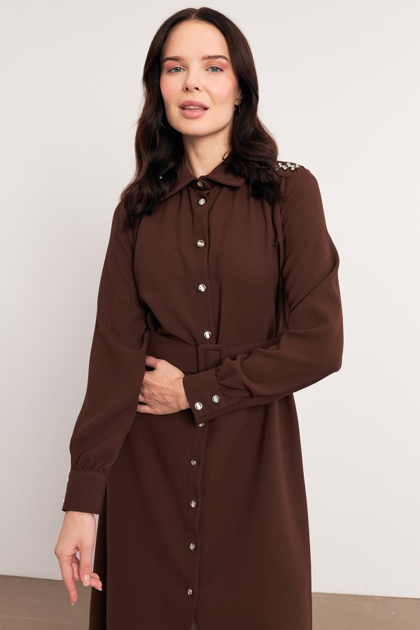 Kemerli Omuzu Taşlı Tunik - Kahve