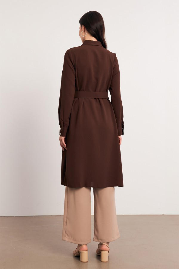 Kemerli Omuzu Taşlı Tunik - Kahve
