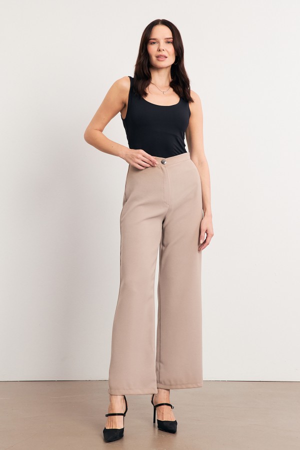 High Waist Wide Leg Trousers - Beige