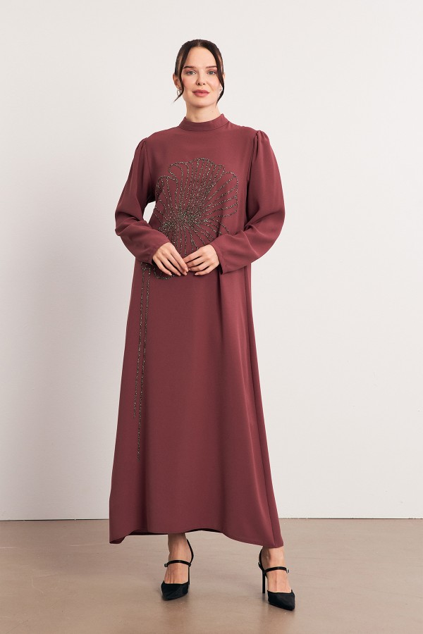 Evening Dress with Stone Embroidery Detail - Dusty Rose