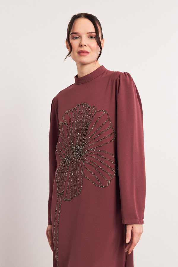 Evening Dress with Stone Embroidery Detail - Dusty Rose