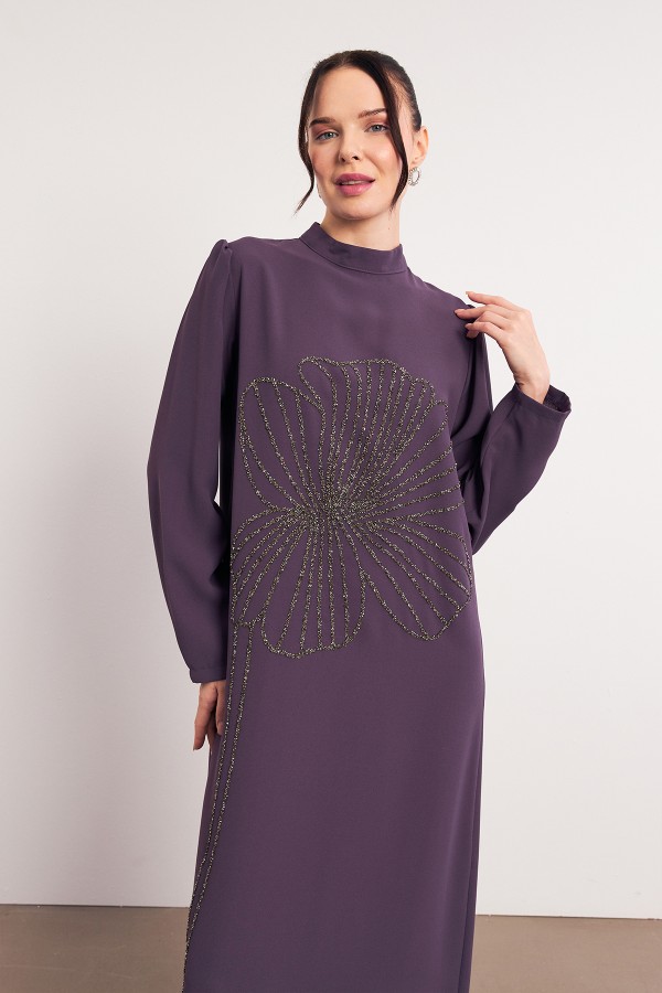 Taş İşleme Detaylı Abiye - Leylak