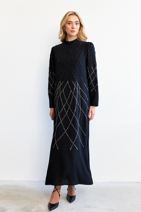 Alora Stone Embroidered Evening Dress - Black