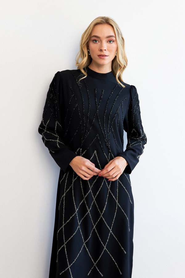 Alora Stone Embroidered Evening Dress - Black