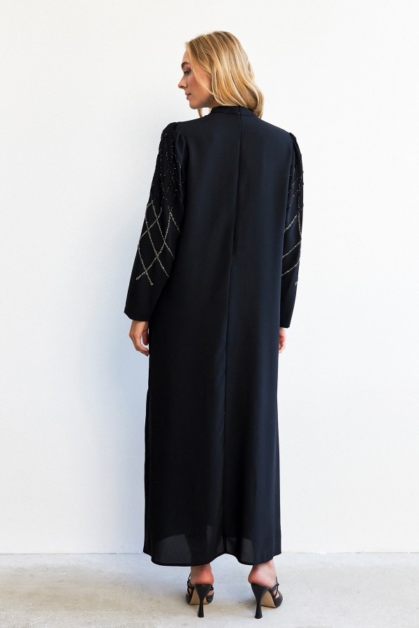 Alora Stone Embroidered Evening Dress - Black