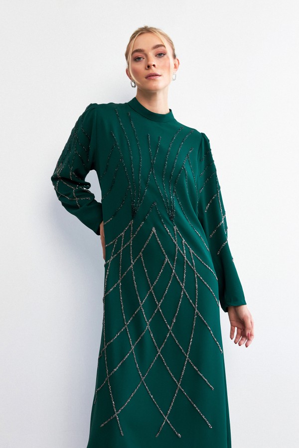 Alora Stone Embroidered Evening Dress - Emerald
