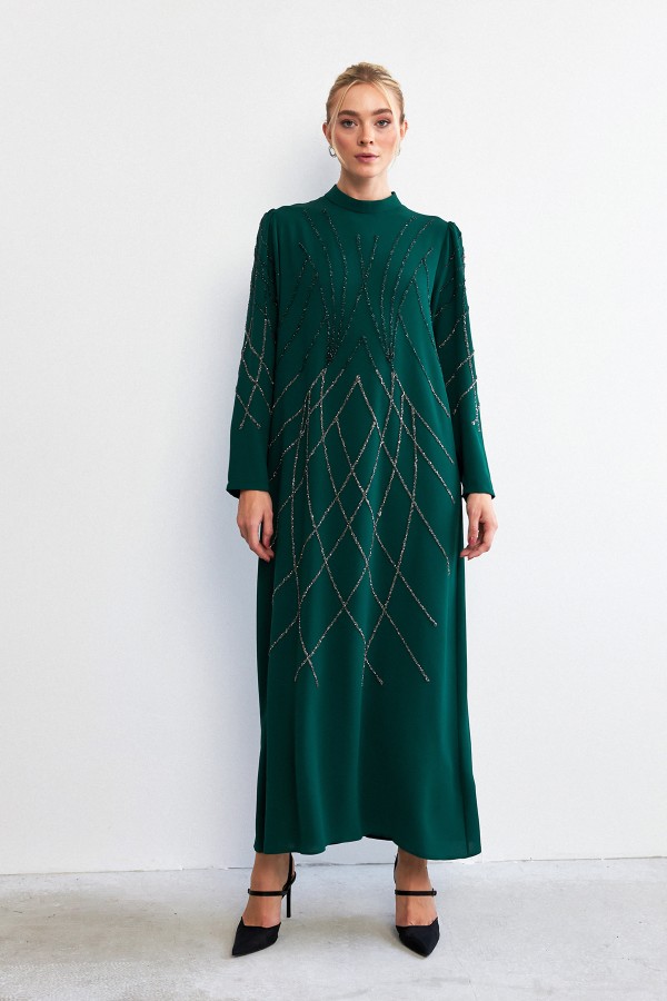 Alora Stone Embroidered Evening Dress - Emerald