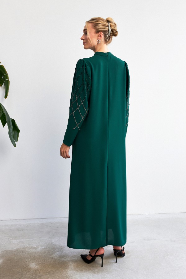 Alora Stone Embroidered Evening Dress - Emerald