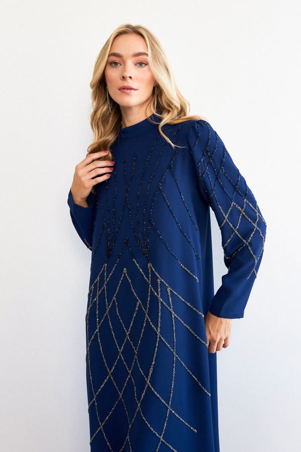 Alora Stone Embroidered Evening Dress - Indigo