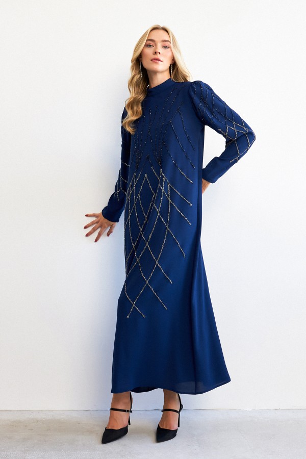 Alora Stone Embroidered Evening Dress - Indigo