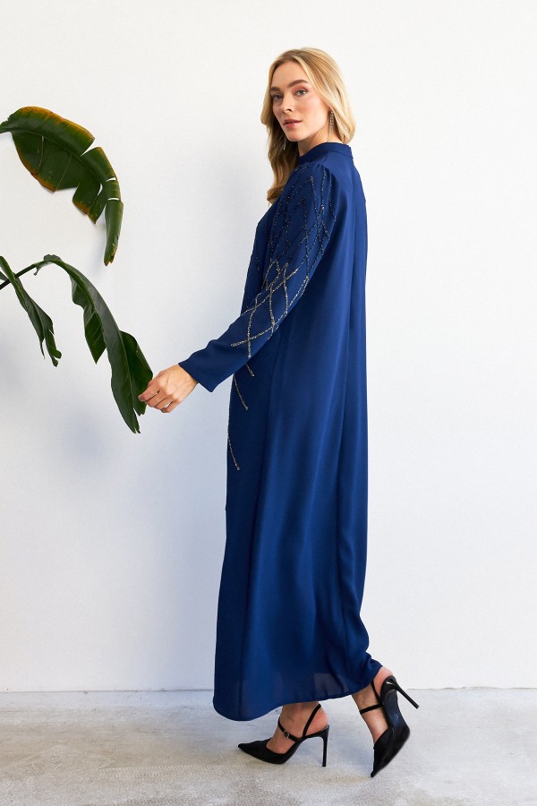 Alora Stone Embroidered Evening Dress - Indigo