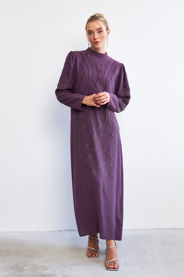 Alora Stone Embroidered Evening Dress - Lilac