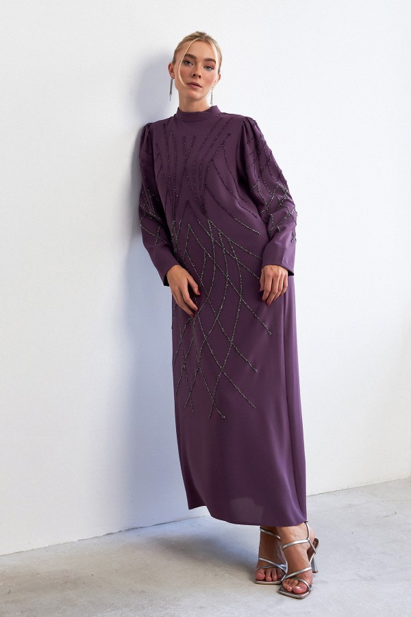 Alora Stone Embroidered Evening Dress - Lilac