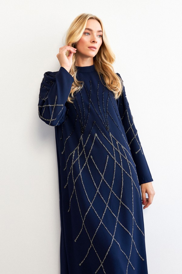 Alora Stone Embroidered Evening Dress - Navy Blue