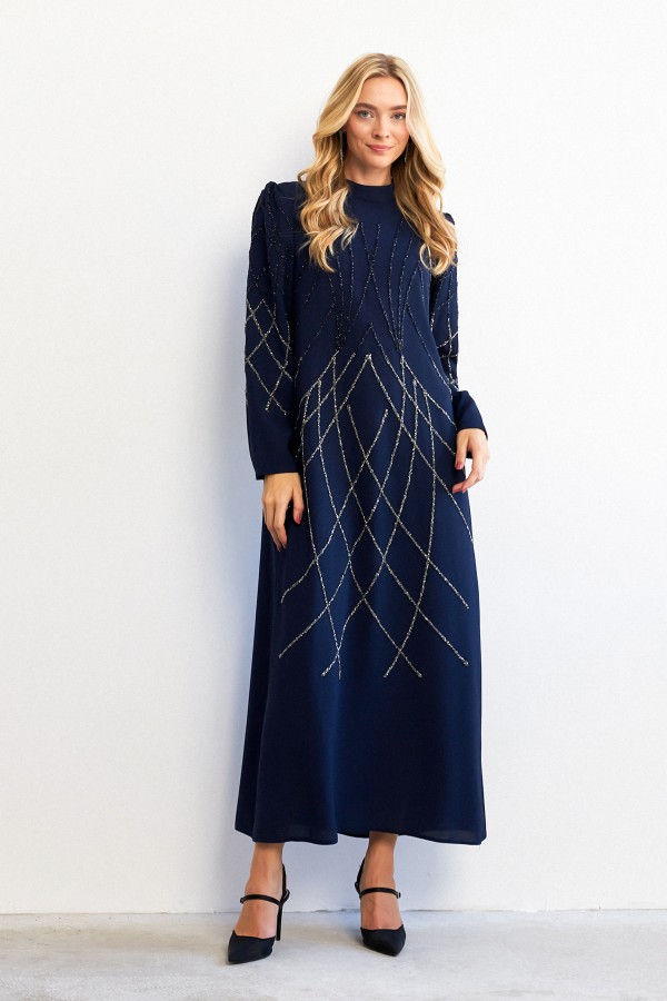 Alora Stone Embroidered Evening Dress - Navy Blue