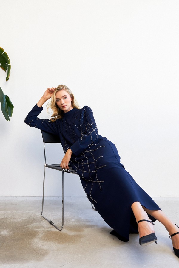 Alora Stone Embroidered Evening Dress - Navy Blue