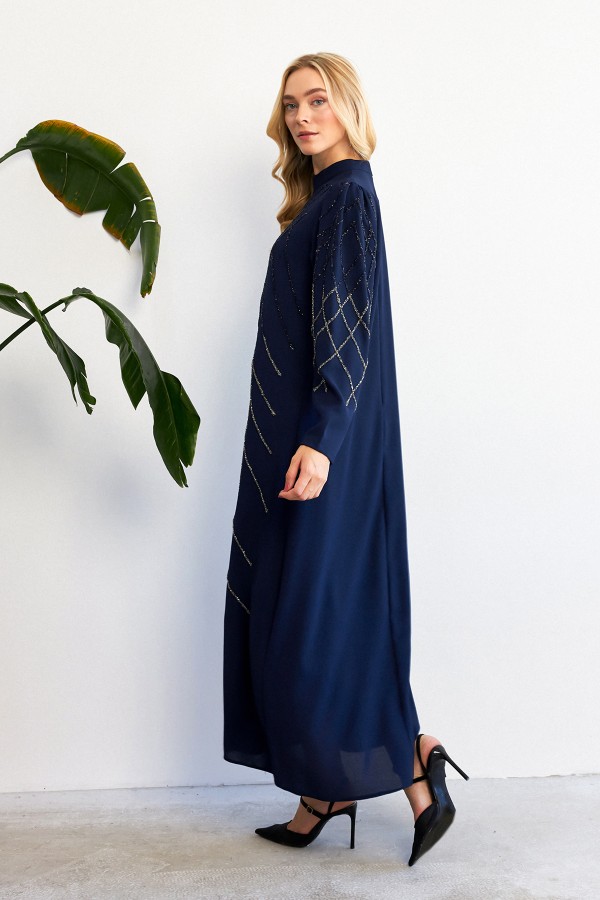 Alora Stone Embroidered Evening Dress - Navy Blue