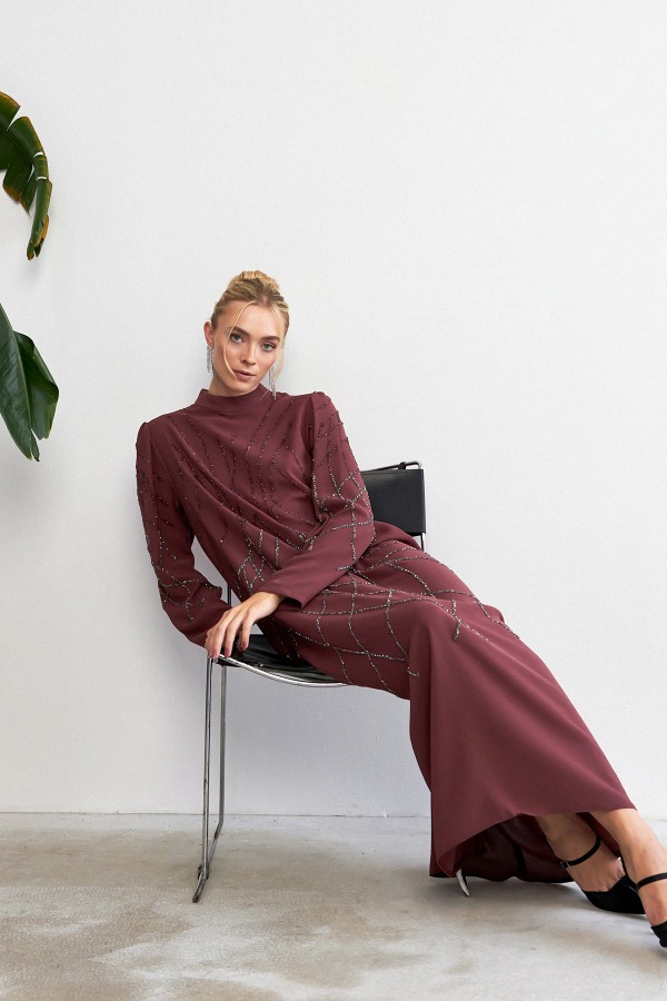 Alora Taş İşlemeli Abiye - Gül Kurusu