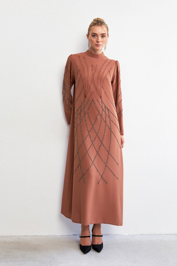 Alora Taş İşlemeli Abiye - Camel