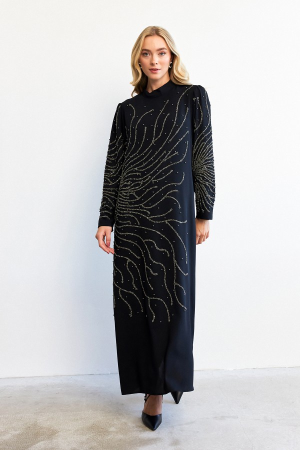 Velina Stone Embroidered Evening Dress - Black