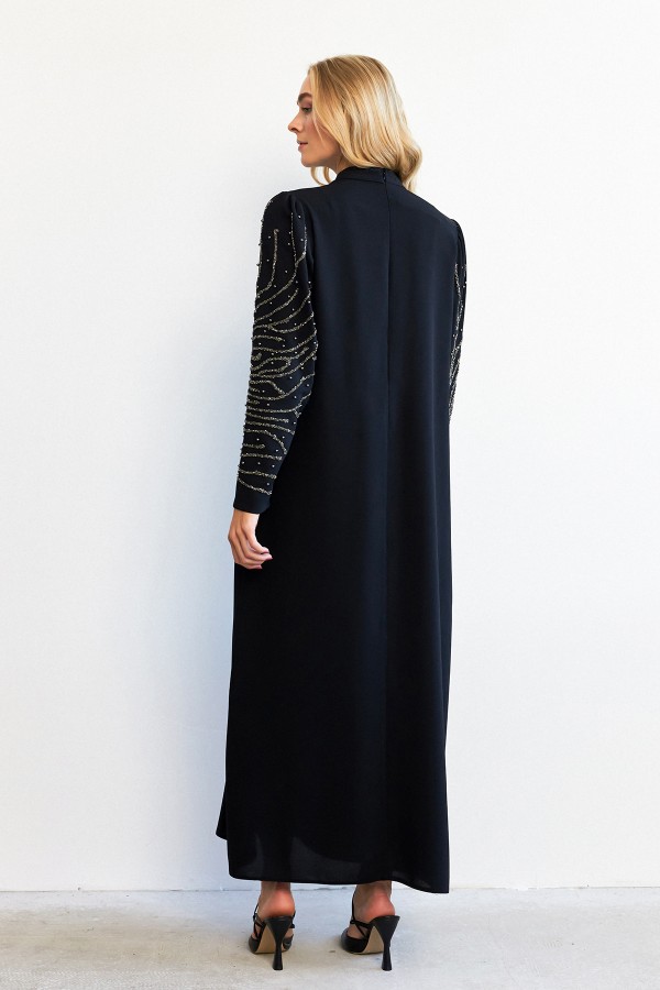 Velina Stone Embroidered Evening Dress - Black