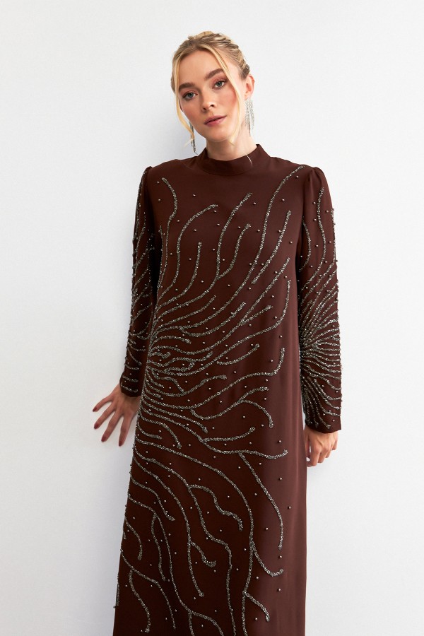 Velina Taş İşlemeli Abiye - Kahve