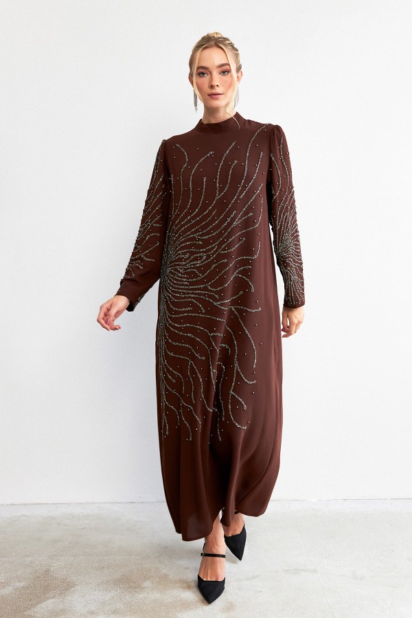 Velina Taş İşlemeli Abiye - Kahve