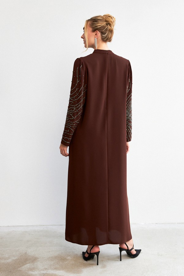 Velina Taş İşlemeli Abiye - Kahve