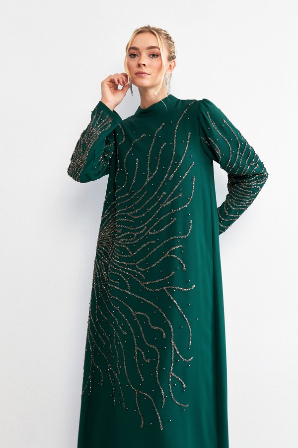 Velina Taş İşlemeli Abiye - Zümrüt