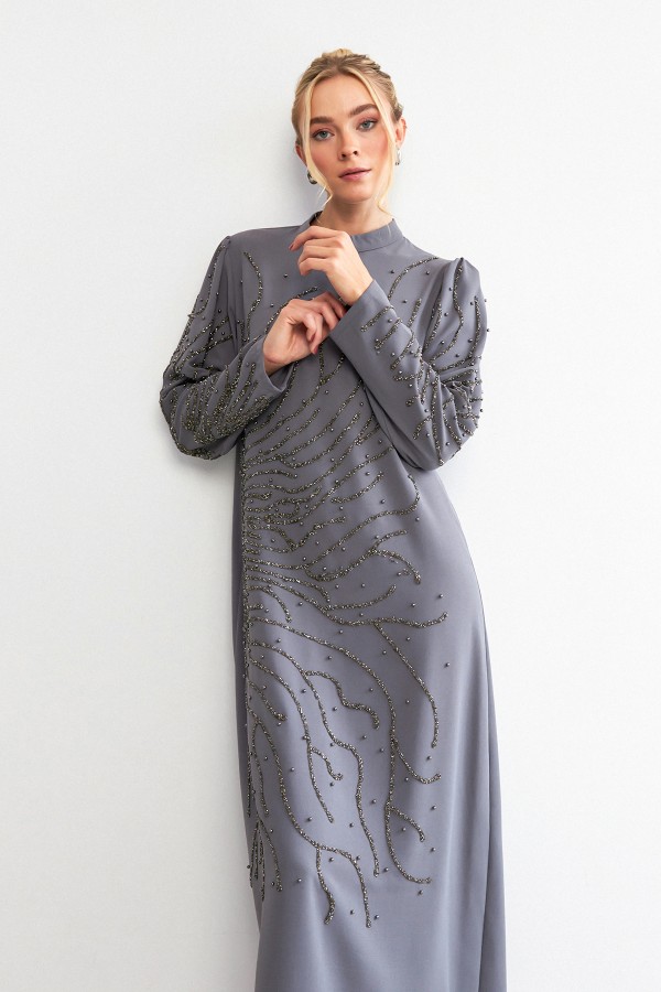 Velina Taş İşlemeli Abiye - Gri