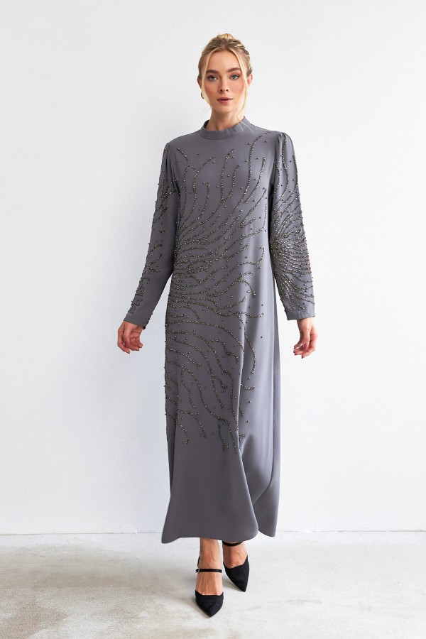 Velina Taş İşlemeli Abiye - Gri