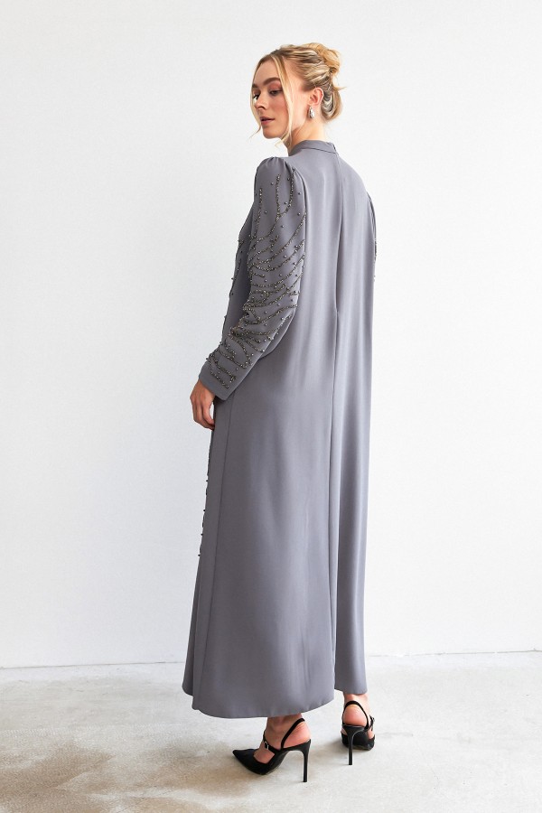 Velina Taş İşlemeli Abiye - Gri