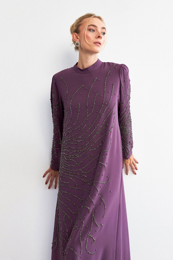 Velina Taş İşlemeli Abiye - Leylak