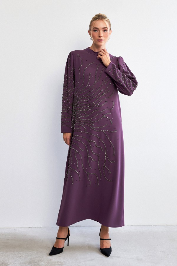 Velina Taş İşlemeli Abiye - Leylak