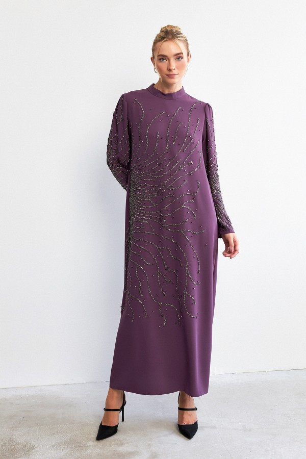 Velina Taş İşlemeli Abiye - Leylak