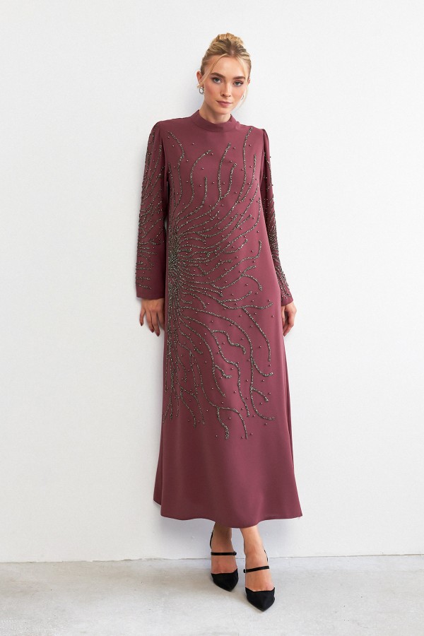 Velina Stone Embroidered Evening Dress - Dusty Rose