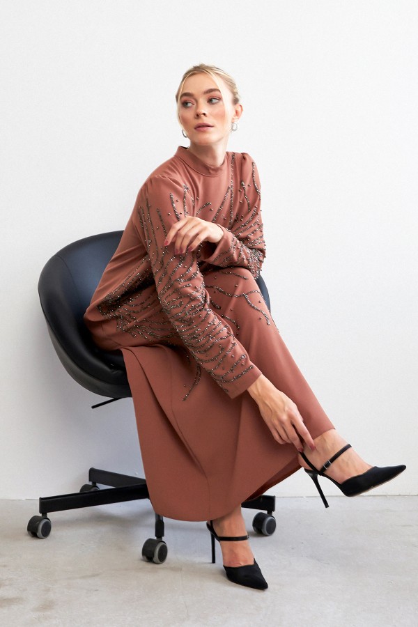 Velina Taş İşlemeli Abiye - Camel