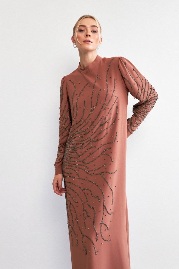 Velina Taş İşlemeli Abiye - Camel