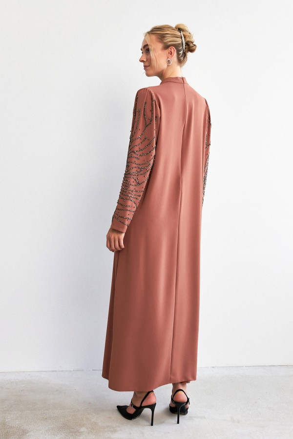 Velina Taş İşlemeli Abiye - Camel