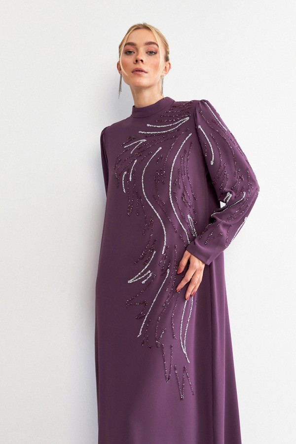 Zeren Stone Embroidered Evening Dress - Lilac