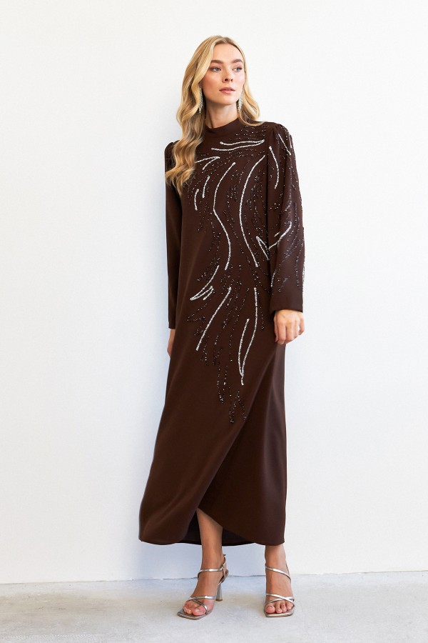 Zeren Taş İşlemeli Abiye - Kahve