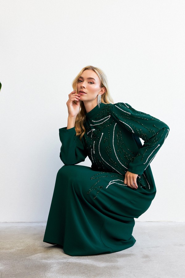 Zeren Stone Embroidered Evening Dress - Emerald