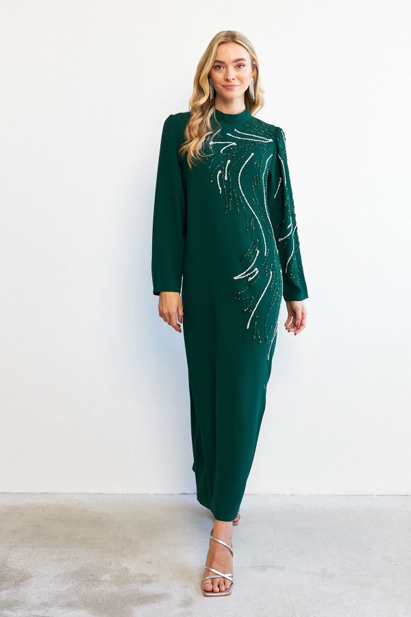 Zeren Stone Embroidered Evening Dress - Emerald