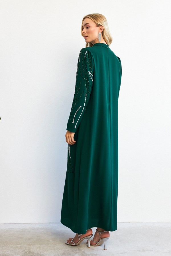 Zeren Stone Embroidered Evening Dress - Emerald