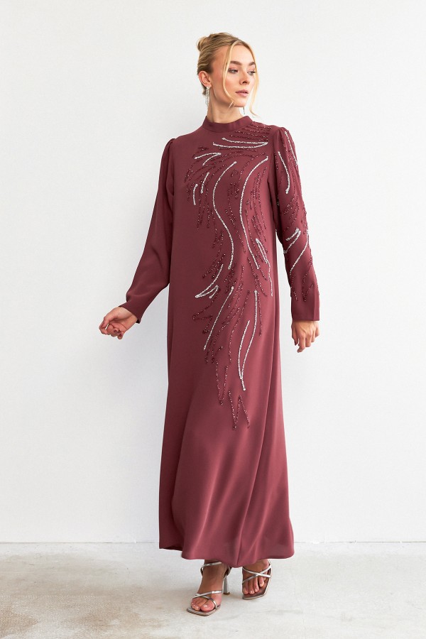 Zeren Stone Embroidered Evening Dress - Dusty Rose